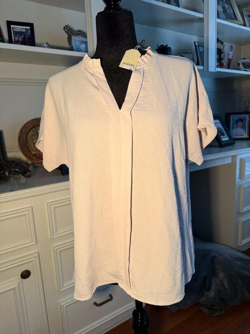JODIFL Women's Cream Ruffle Trim Short Sleeve Blouse